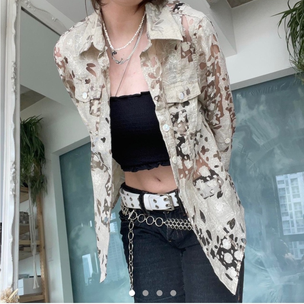Floral Button up Blouse Shirt Floral Transparent